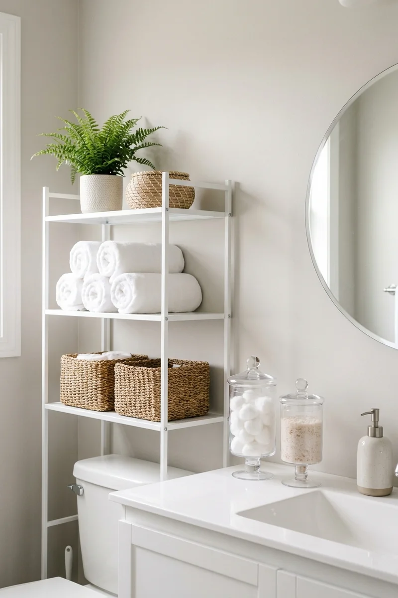 Bright organized bathroom with over-the-toilet shelving, woven baskets, and matching jars