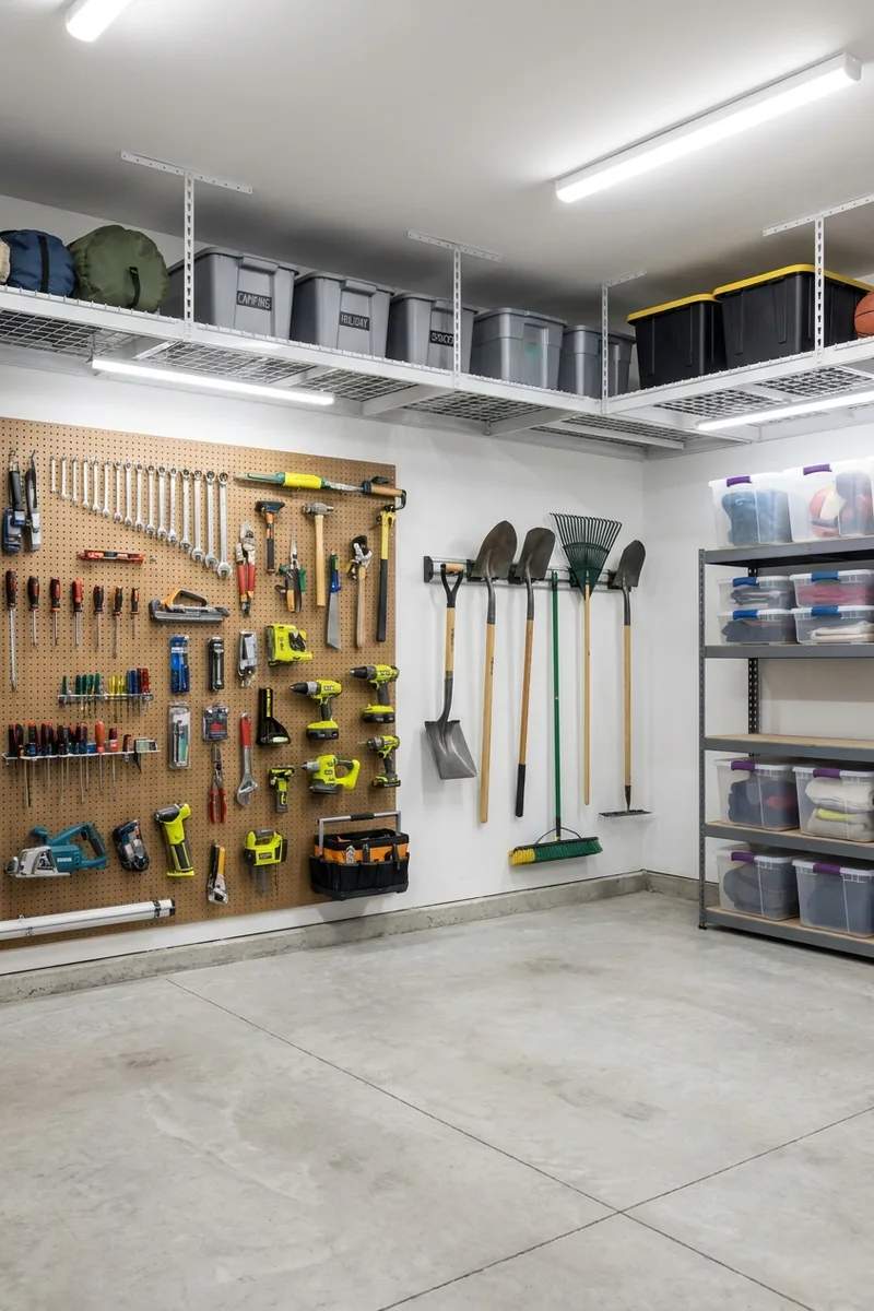 Organized garage with a pegboard tool wall, overhead storage rack, and metal shelving