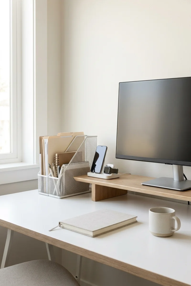 Clean organized home office desk with a monitor riser, desk caddy, and tidy cables