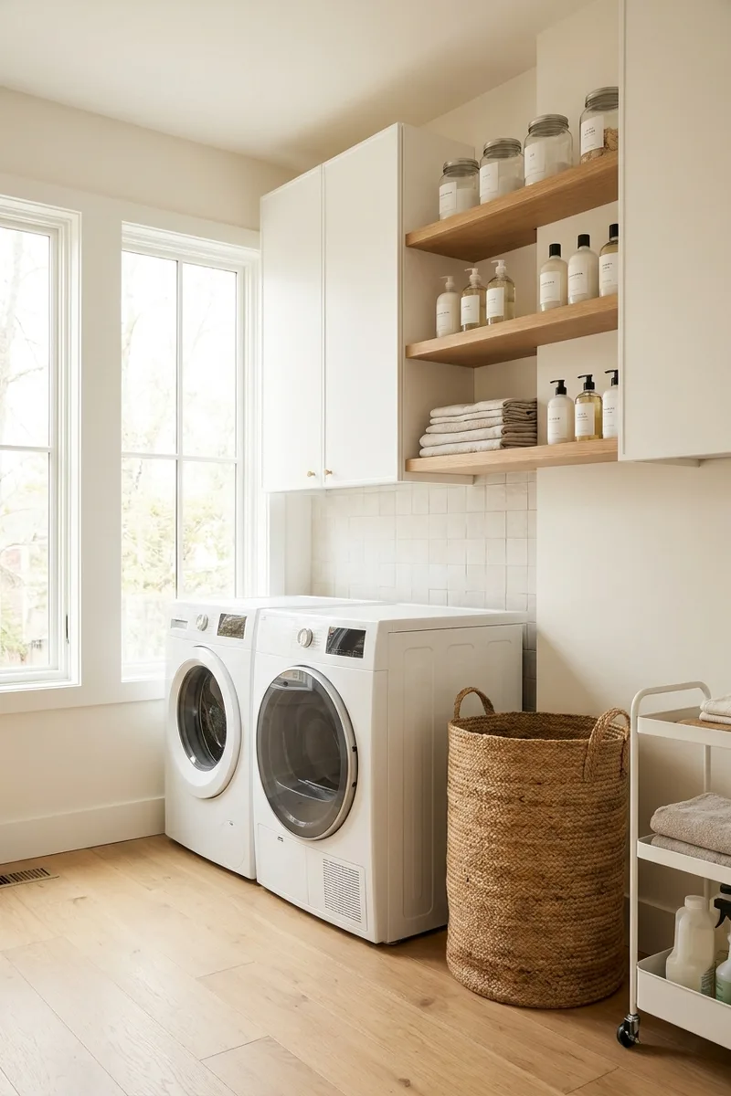 Organized laundry room with labeled detergent storage, a hamper, and a slim rolling cart