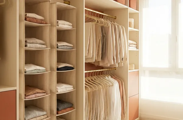 Organized closet with hanging fabric shelves, velvet hangers, and woven baskets