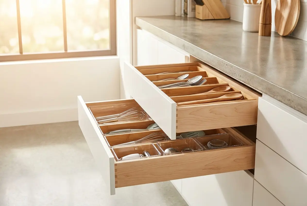Organized kitchen drawers with bamboo and clear drawer organizers holding utensils
