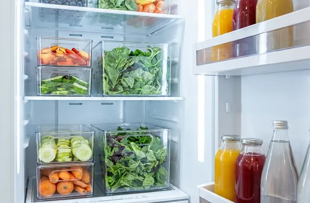 Organized refrigerator with clear stackable storage bins holding food and drinks