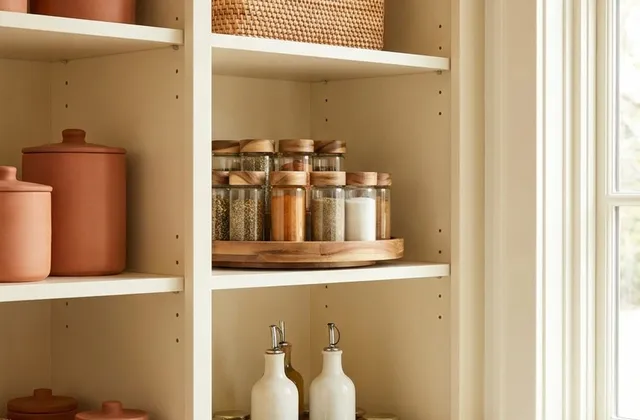 Kitchen cabinet with lazy Susan turntable organizers holding spices and oils