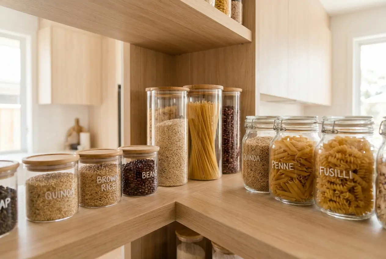 Organized pantry shelf with airtight food storage containers and labeled glass jars