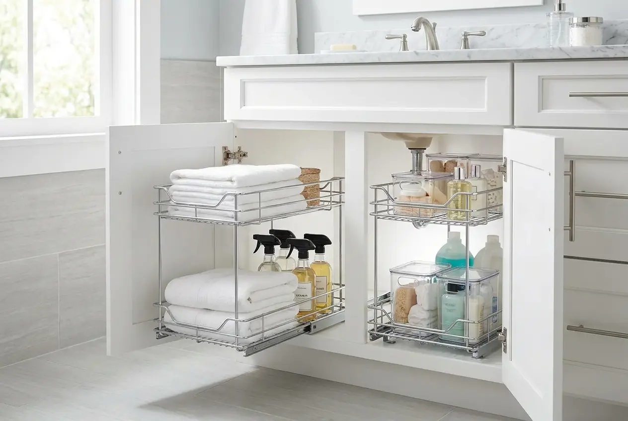 Tidy under-sink cabinet with pull-out two-tier storage organizers