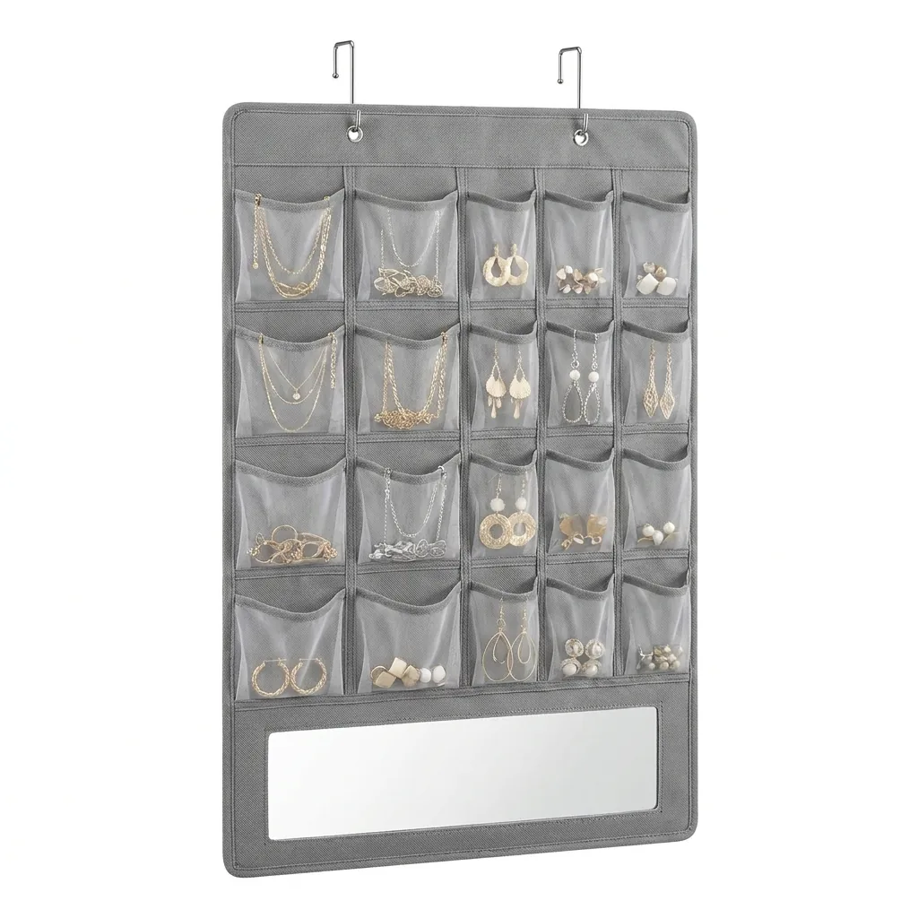 Over-the-Door Hanging Jewelry Organizer with Mirror