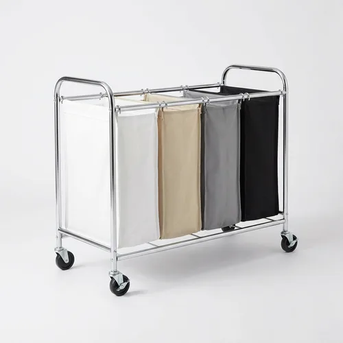 Four-section rolling laundry sorter cart with removable colored bags