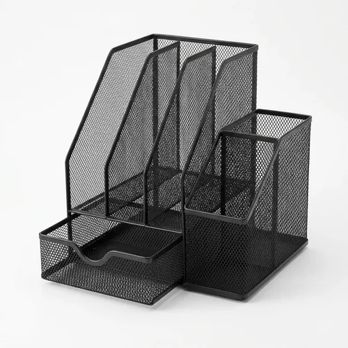 Black mesh desk organizer caddy with file slots, drawers, and pen storage