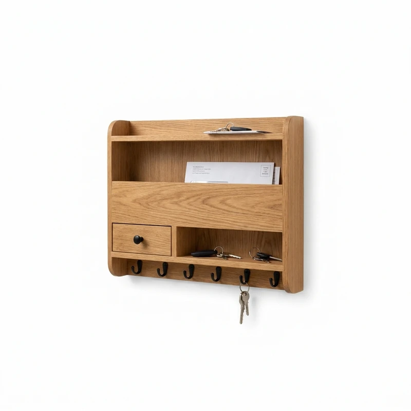 Wooden Wall-Mount Key & Mail Organizer with Drawer