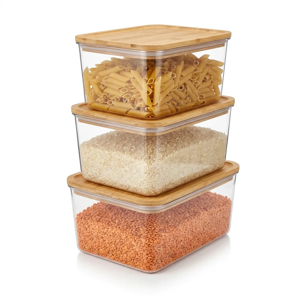 Clear Pantry Storage Bins with Bamboo Lids